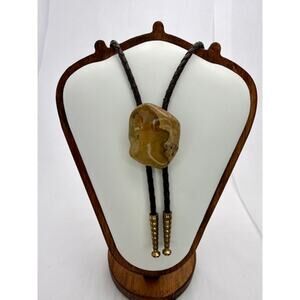 Vintage 70s Rock Slab Bolo Tie Western Jasper Stone Brown Leather Cord